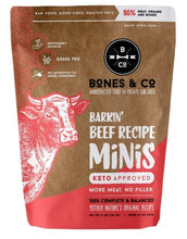 Load image into Gallery viewer, Bones & Co Barkin' Beef Recipe Minis bag, 95% meat, keto approved, wholesome dog food, no fillers.