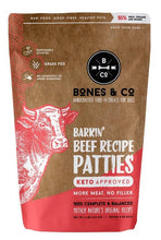 Load image into Gallery viewer, Bones & Co Barkin' Beef Recipe patties package featuring 95% meat, keto approved, crafted for healthy dogs.