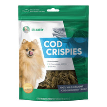 Load image into Gallery viewer, Dr. Marty's Cod Crispies 4oz bag with wild-caught cod skin treats for dogs, featuring a happy Pomeranian.