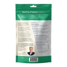 Load image into Gallery viewer, Back of Dr. Marty Joey's Favorite Salmon Treat 4oz, showing ingredients and feeding guidelines for dogs.