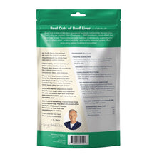 Load image into Gallery viewer, Back packaging of Dr. Marty Tilly's Treasures 4oz beef liver dog treats with ingredient and feeding instructions.