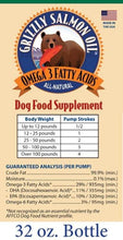 Load image into Gallery viewer, Grizzly Salmon Oil label featuring omega-3 fatty acids details and serving instructions for dog food supplement.
