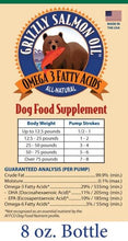 Load image into Gallery viewer, Grizzly Wild Alaskan Salmon Oil 8 oz. bottle label displaying Omega-3 Fatty Acids and dosage information for dogs.