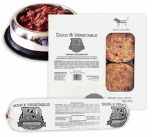 Load image into Gallery viewer, K9 Kraving Raw Duck and Vegetable product packaging, featuring raw duck food and a metal bowl.