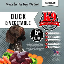 Load image into Gallery viewer, K9 Kraving Raw Duck and Vegetable dog food packaging with ingredients and feeding information for all life stages.