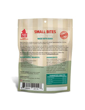 Load image into Gallery viewer, Plato Duck Small Bites packaging showing ingredients, benefits, and guaranteed analysis for healthy dog treats.