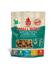 Load image into Gallery viewer, Plato Duck Small Bites dog treats package, grain-free, small bites perfect for training and small dogs.