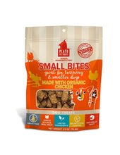 Load image into Gallery viewer, Packaging of Plato Organic Chicken Small Bites dog treats, grain-free, limited ingredients, ideal for training.