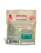 Load image into Gallery viewer, Plato Real Strips Duck Treat package back displaying ingredients and nutritional benefits.