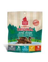 Load image into Gallery viewer, Plato Real Strips Duck Treat package featuring natural ingredients and tasty meat bars for dogs.