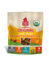 Load image into Gallery viewer, Plato Real Strips Organic Chicken Treats package featuring USDA Organic label and tasty meat bars for dogs.
