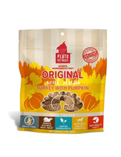 Load image into Gallery viewer, Plato Real Strips Turkey with Pumpkin dog treats, grain free and made with limited ingredients for healthy digestion.