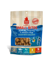 Load image into Gallery viewer, Plato Salmon Small Bites dog treats in a bag, ideal for training and small dogs, grain-free and made with limited ingredients.