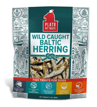 Load image into Gallery viewer, Plato Wild Caught Baltic Herring dog treats, air-dried whole fish, sustainably sourced, supports skin and coat, 3 oz bag.