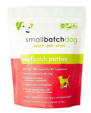 Load image into Gallery viewer, Smallbatch frozen beef patties for dogs with 88% grass-fed beef, 10% organic vegetables, and 2% natural supplements.