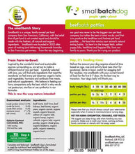 Load image into Gallery viewer, Smallbatch Frozen Beef product packaging showcasing beef patties for dogs with ingredients and feeding guidelines.