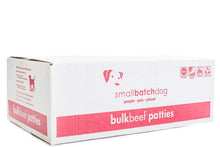 Load image into Gallery viewer, Smallbatch Frozen Beef patties box with branding for wholesome dog diets, featuring bulk beef patties for pets.