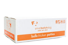 Load image into Gallery viewer, Smallbatch Frozen Chicken box featuring bulk chicken patties for dogs, emphasizing quality and nutrition.