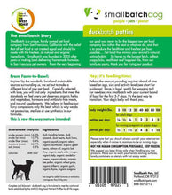 Load image into Gallery viewer, Smallbatch Frozen Duck packaging showcasing ingredients and feeding guidelines for dogs.
