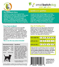 Load image into Gallery viewer, Smallbatch Frozen Lamb packaging featuring lamb patties, ingredients, and feeding guidelines for dogs.