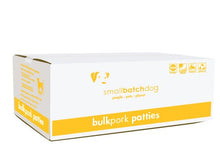 Load image into Gallery viewer, Smallbatch Frozen Pork bulk patties packaging for dogs, made with humanely raised pork and organic ingredients.