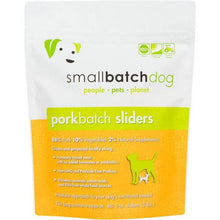 Load image into Gallery viewer, Smallbatch Frozen Pork sliders for dogs, 88% pork, 10% veggies, natural supplements. Holistic dog food.
