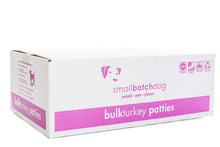 Load image into Gallery viewer, Smallbatch Frozen Turkey box showcasing bulk turkey patties for dogs, emphasizing humane and organic ingredients.