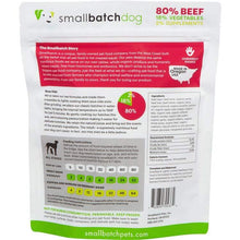 Load image into Gallery viewer, Smallbatch Lightly Cooked Beef dog food package featuring 80% grass fed beef and 18% organic produce.