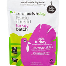 Load image into Gallery viewer, Smallbatch Lightly Cooked Turkey for dogs, featuring 85% turkey, 13% vegetables & 2% natural supplements.