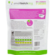 Load image into Gallery viewer, Bag of Smallbatch Lightly Cooked Turkey dog food featuring 85% turkey, 13% vegetables, and 2% supplements.