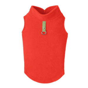 Fleece Vest for dogs, red fleece vest with built-in leash attachment and pullover design for comfort and warmth.