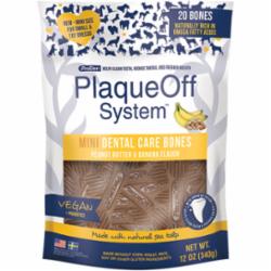 ProDen PlaqueOff System Mini Dental Care Bones Peanut Butter & Banana Flavor 12 oz packaging with natural kelp ingredient.