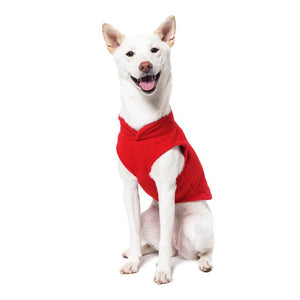 Dog wearing a red fleece vest, showcasing comfort and warmth for outdoor activities.
