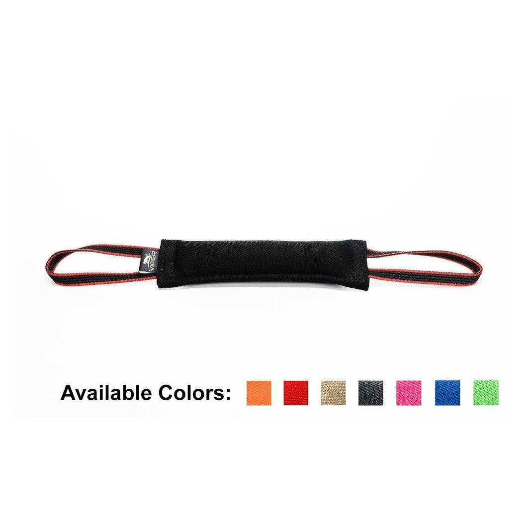 Viper French Linen Tug Dog Toy in black with handles, showcasing available colors for interactive dog play.
