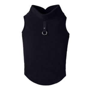 Fleece Vest for dogs, black fleece pullover with leash attachment and high collar for warmth and comfort.