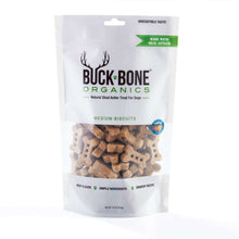 Load image into Gallery viewer, Buck Bone Organics antler dog biscuits in a clear bag, featuring crunchy treats made with real beef and antler powder.