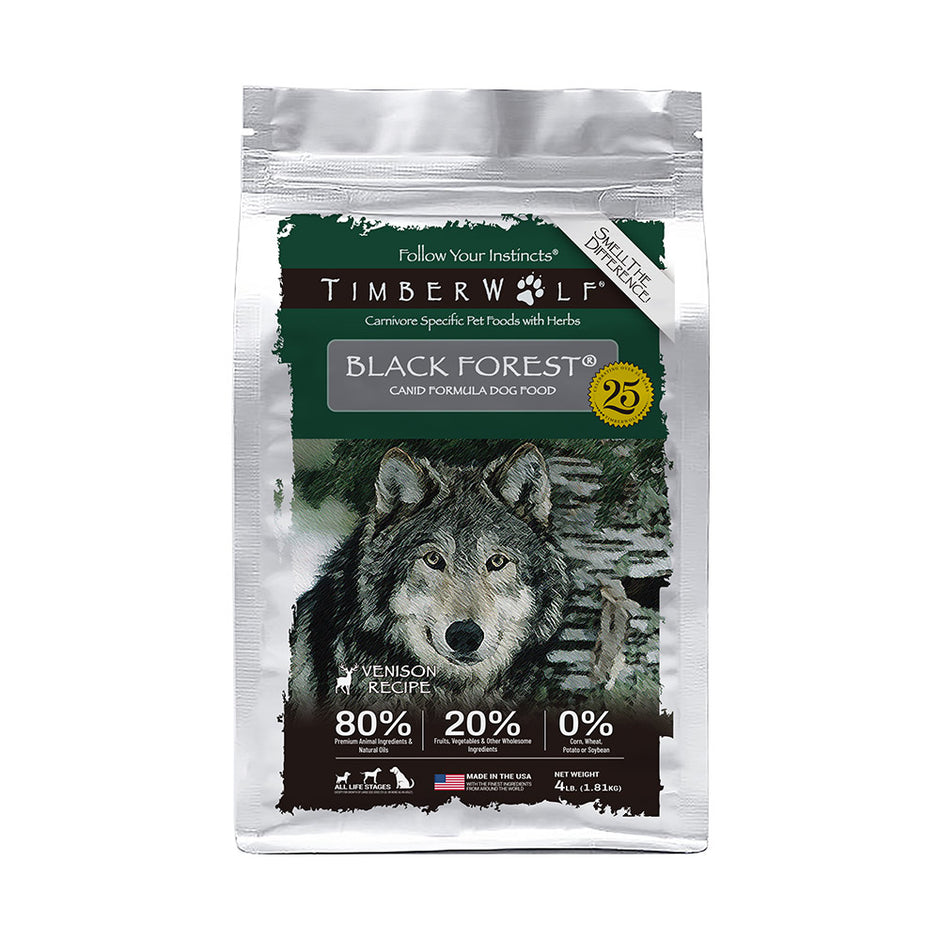 Timberwolf Venison Black Forest Legend for Dogs packaging with wolf illustration and natural ingredients.