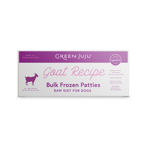 Green Juju Frozen Raw Goat Recipe Bulk Frozen Patties Raw Diet for Dogs Packaging