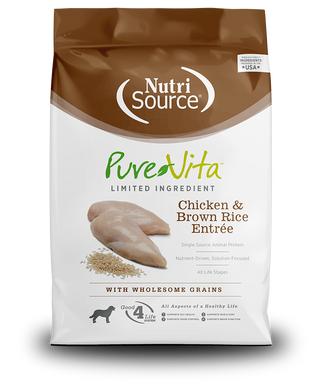 Pure Vita Chicken & Brown Rice dog food, nutrient-rich and heart health-supporting formula, suitable for all life stages.