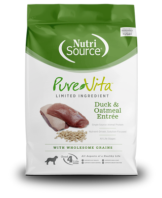 NutriSource Pure Vita Duck & Oatmeal Entrée dog food with wholesome grains packaging