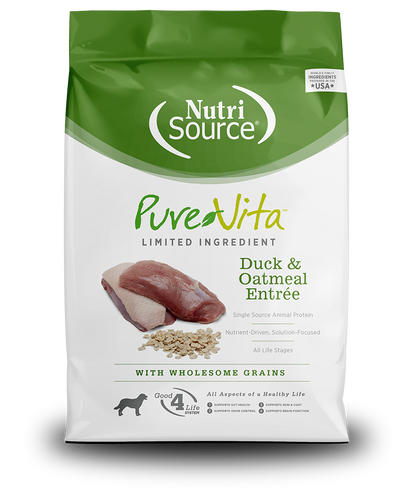 NutriSource Pure Vita Duck & Oatmeal Entrée dog food with wholesome grains packaging