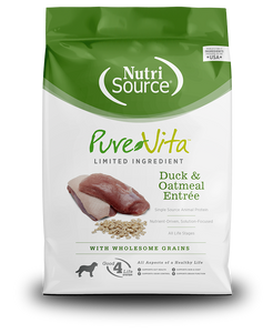 NutriSource Pure Vita Duck & Oatmeal Entrée dog food with wholesome grains packaging