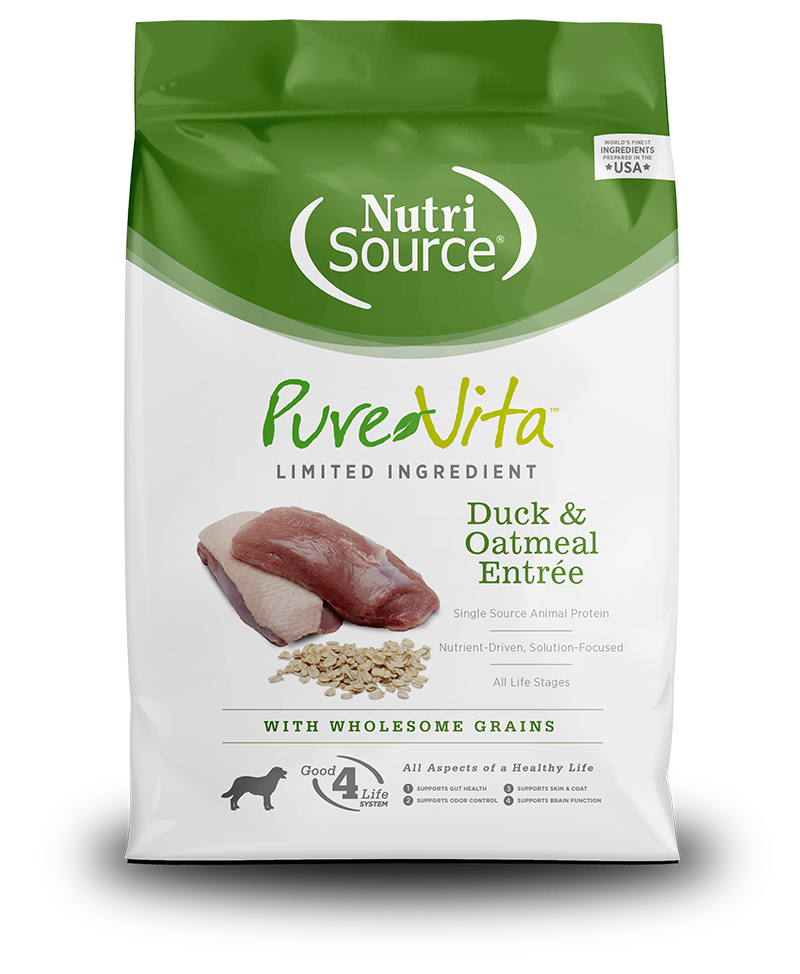 NutriSource Pure Vita Duck & Oatmeal Entrée dog food with wholesome grains packaging