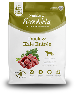NutriSource Purevita Duck & Kale for Dogs grain free dog food packaging features limited ingredient formula.