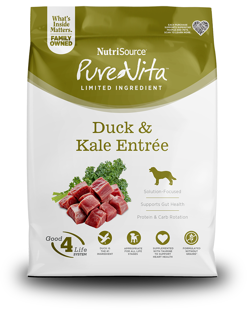 NutriSource Purevita Duck & Kale for Dogs grain free dog food packaging features limited ingredient formula.