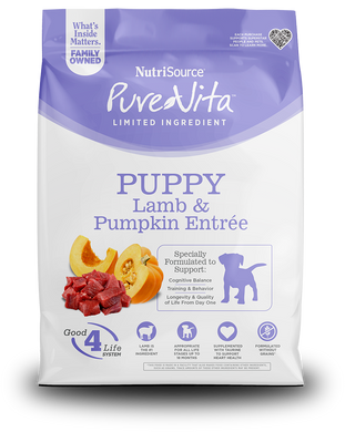 Pure Vita Lamb & Pumpkin for Puppy kibble bag featuring lamb and pumpkin ingredients.