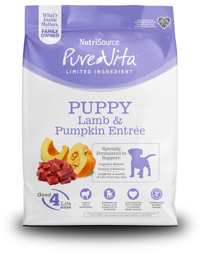 Pure Vita Lamb & Pumpkin for Puppy kibble bag featuring lamb and pumpkin ingredients.