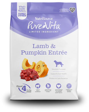 Pure Vita Lamb & Pumpkin for Dogs, limited ingredient dog food with lamb and pumpkin for gut health.