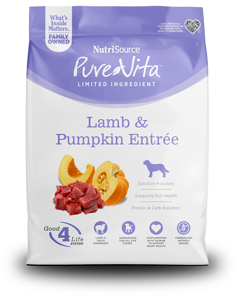 Pure Vita Lamb & Pumpkin for Dogs, limited ingredient dog food with lamb and pumpkin for gut health.