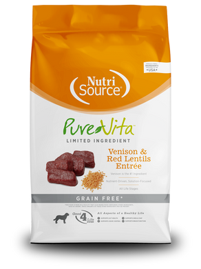 Purevita Venison & Red Lentils for Dogs kibble package featuring grain free ingredients.
